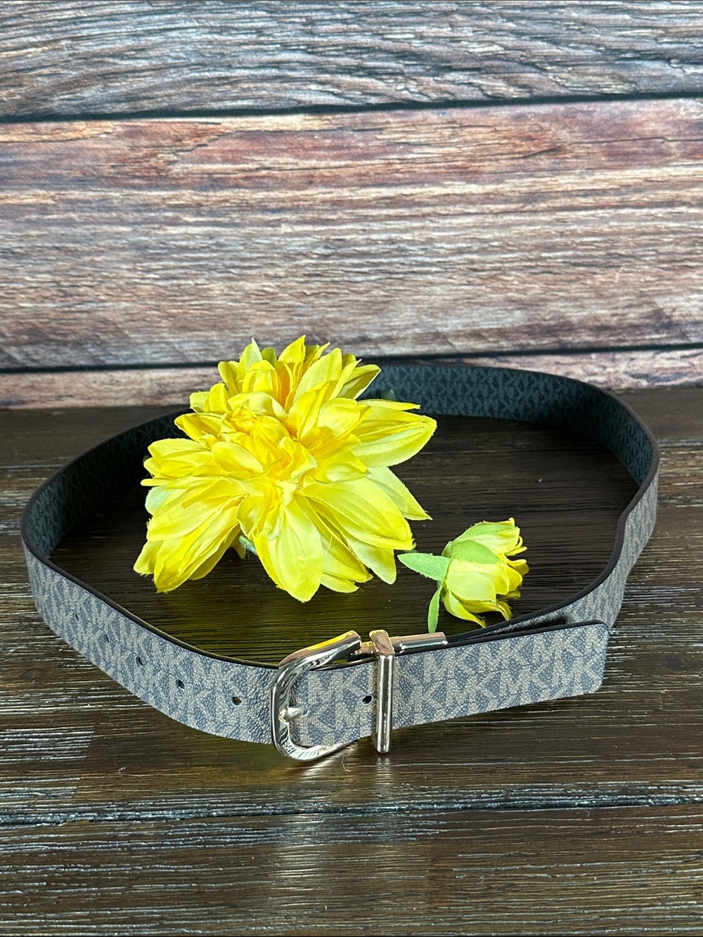 MK Signature Monogram Belt in Brown and Reversible to black with Gold Buckle